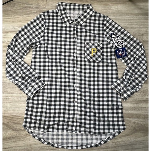 Pittsburg Pirates Pajamas Womens Medium Charcoal  Plaid Button Up Sleep Wear Top - Picture 8 of 16